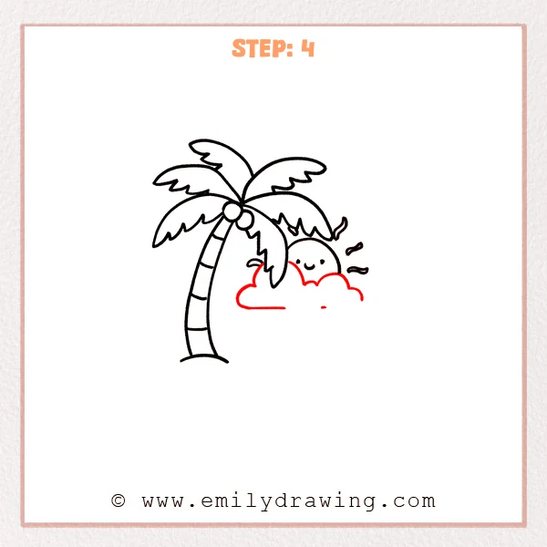 how to draw a cartoon beach - A cartoon beach palm tree with a smiling sun partially hidden behind a large fluffy cloud, adding depth to the simple scene.